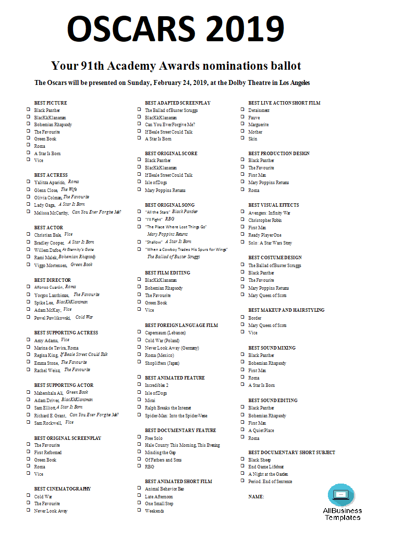 第91届奥斯卡金像奖(oscars)2019提名选票pdf template