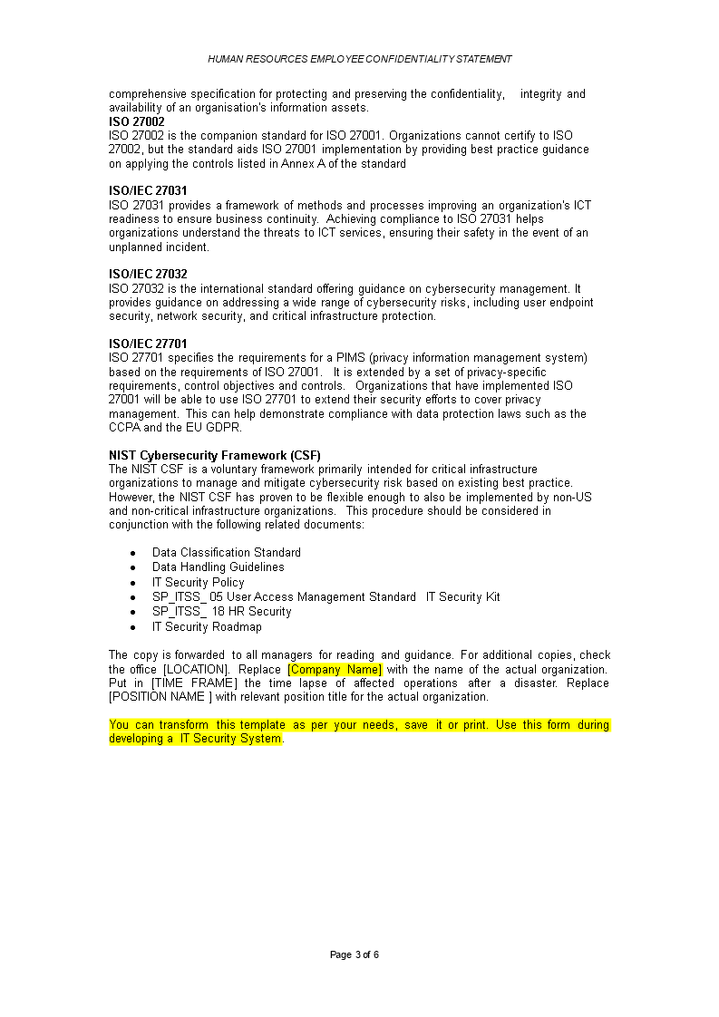 employee confidentiality statement it security template