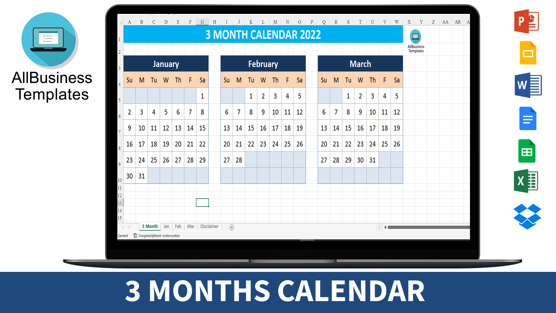 Calendar 2022 (3 Months) 模板