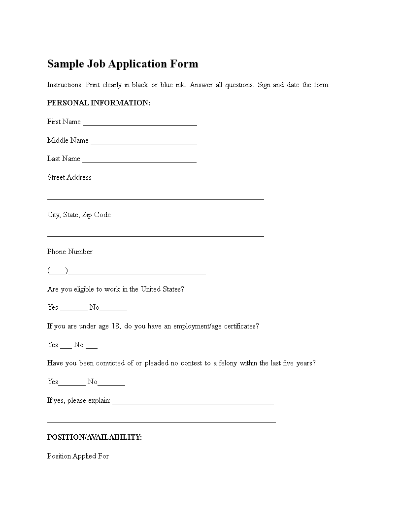generic job application form voorbeeld afbeelding 