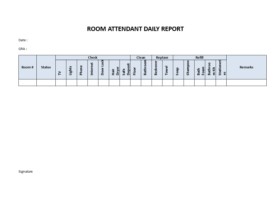 hotel room attendant daily report template