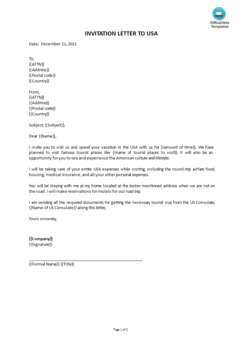 invitation letter to usa plantilla imagen principal