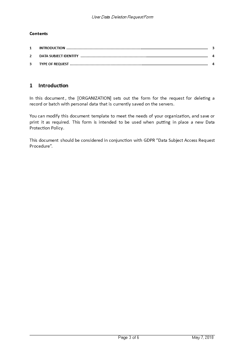 gdpr user data deletion request form template