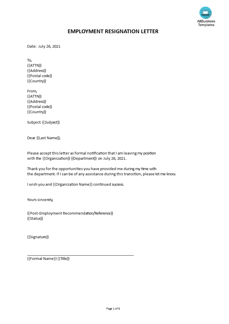 Employee Formal Resignation Letter 模板