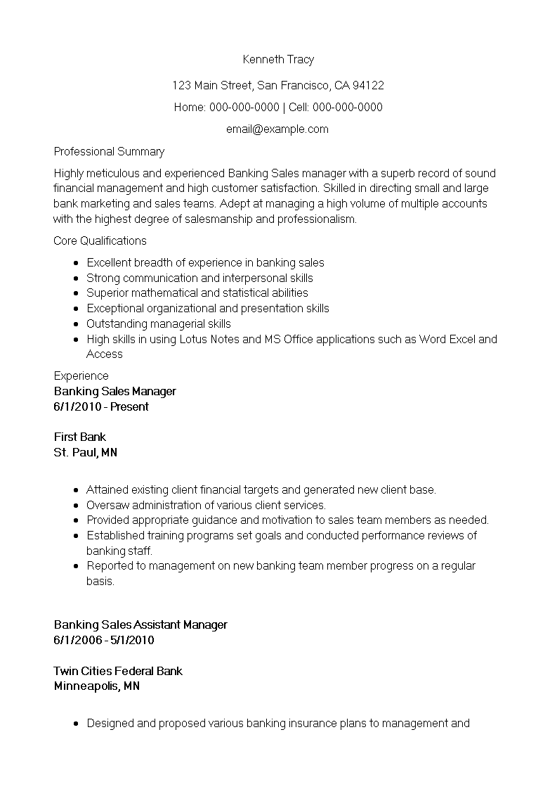 Banking Sales Manager Resume 模板