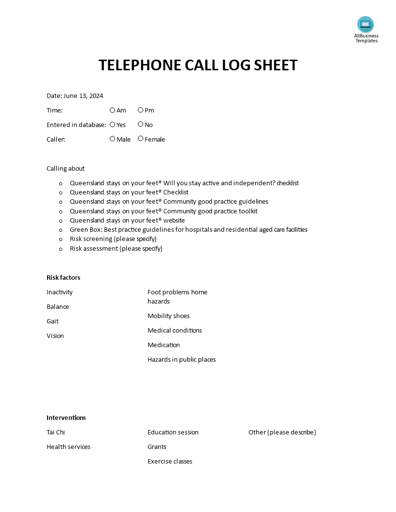 Telephone Call Log Sheet main image