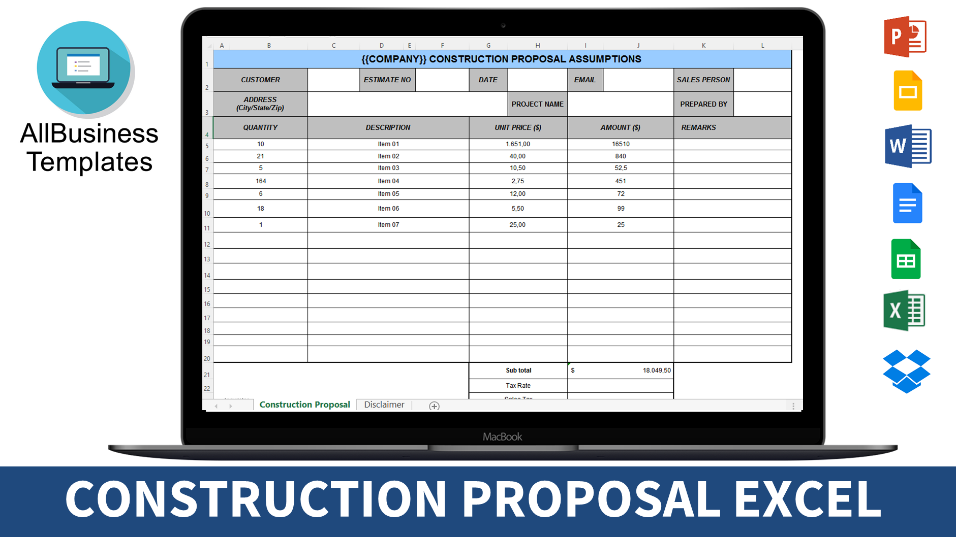 construction proposal assumptions excel template