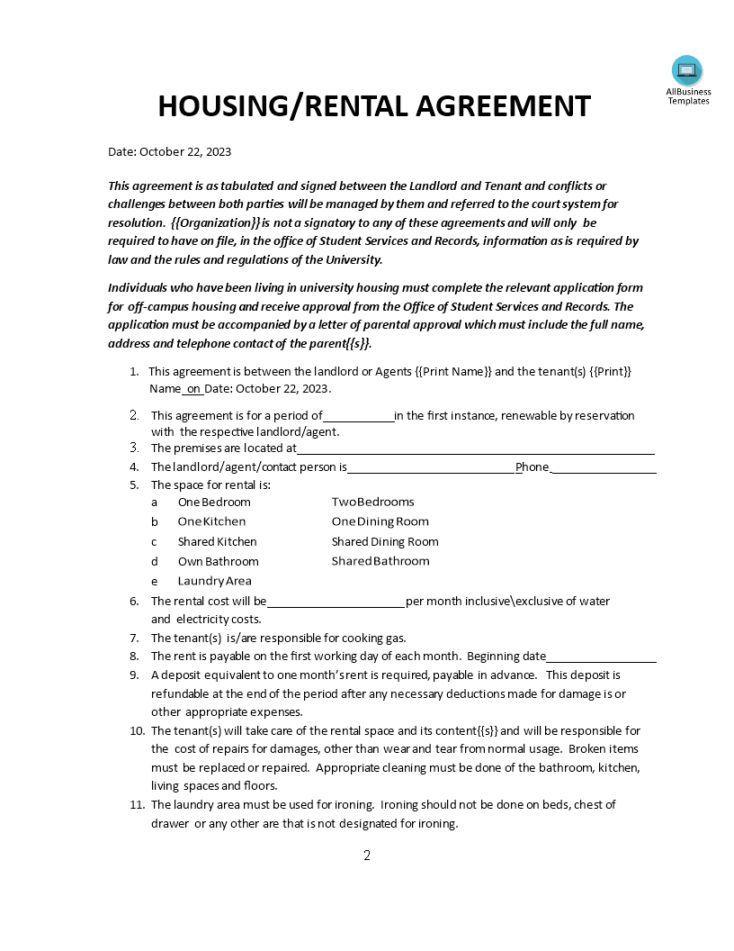 housing rental lease agreement voorbeeld afbeelding 