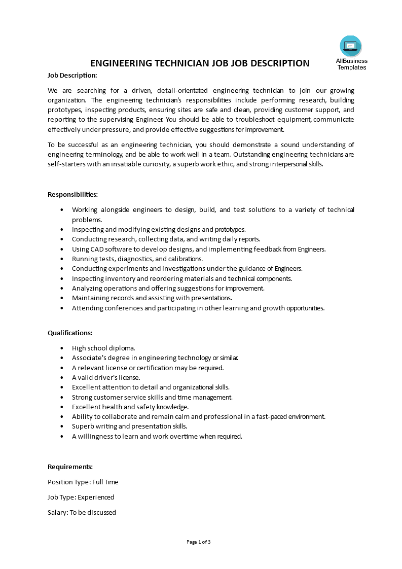 engineering technician job job description template