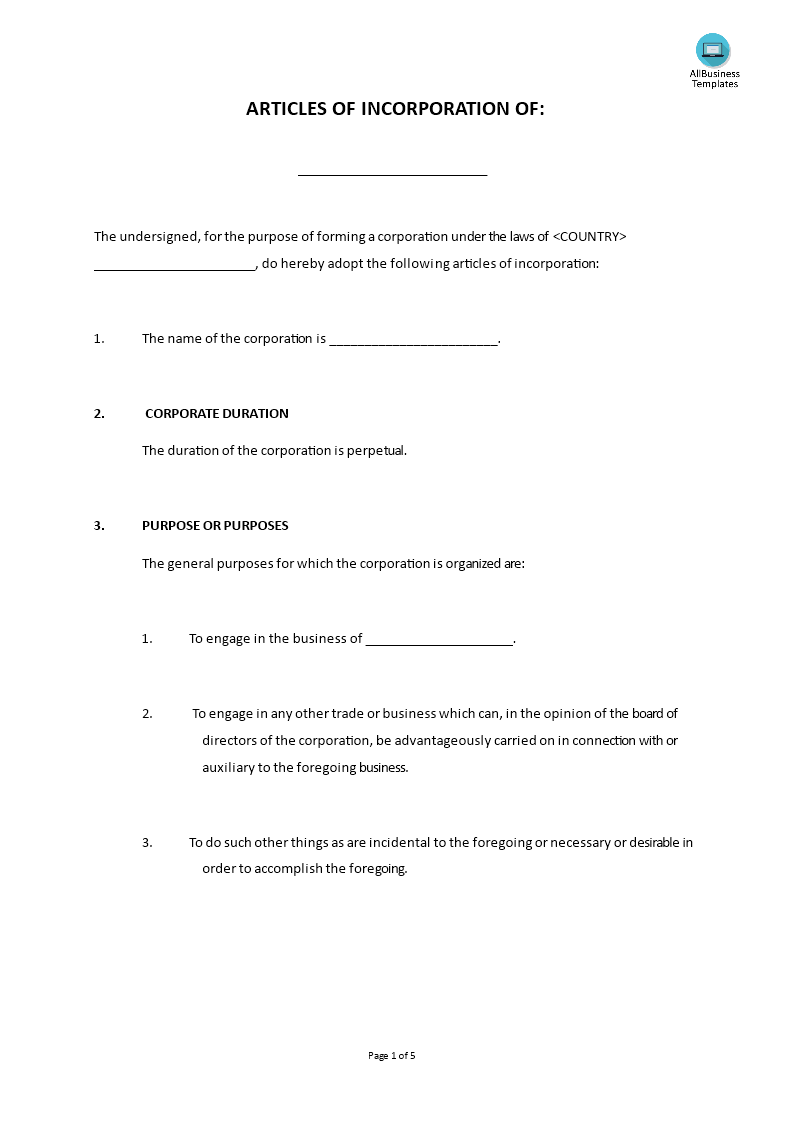 articles of incorporation of company template template