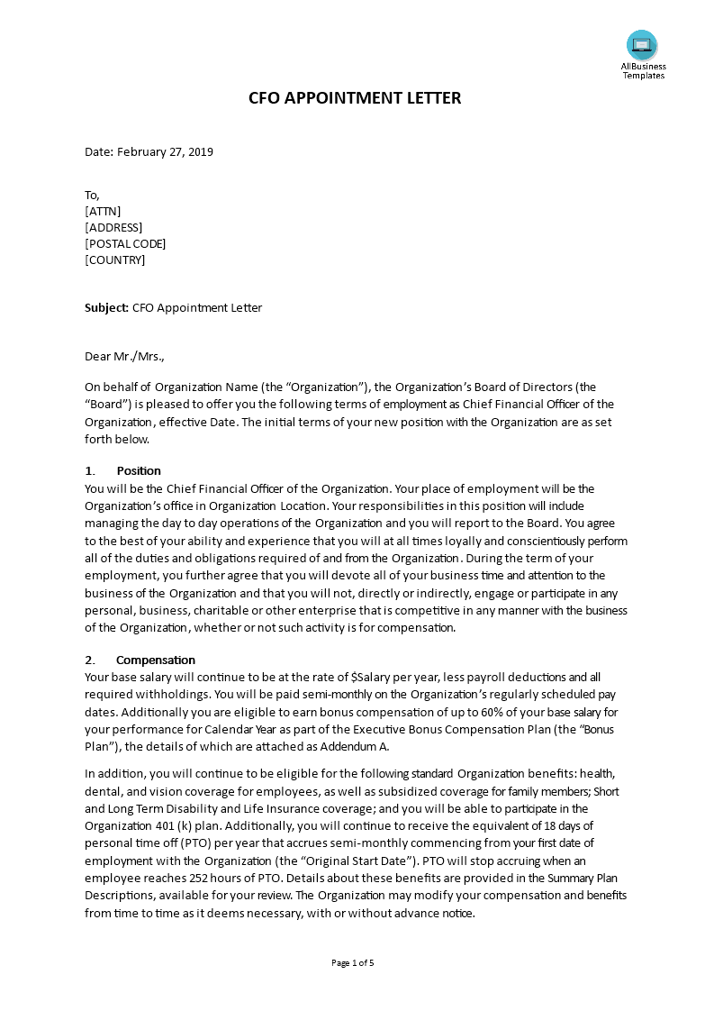 cfo appointment letter template