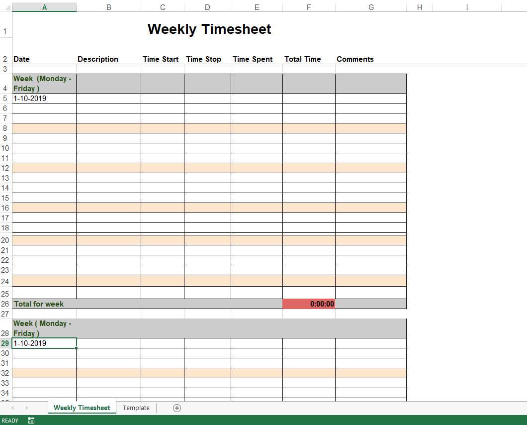 Weekly Timesheet Template in Excel 模板