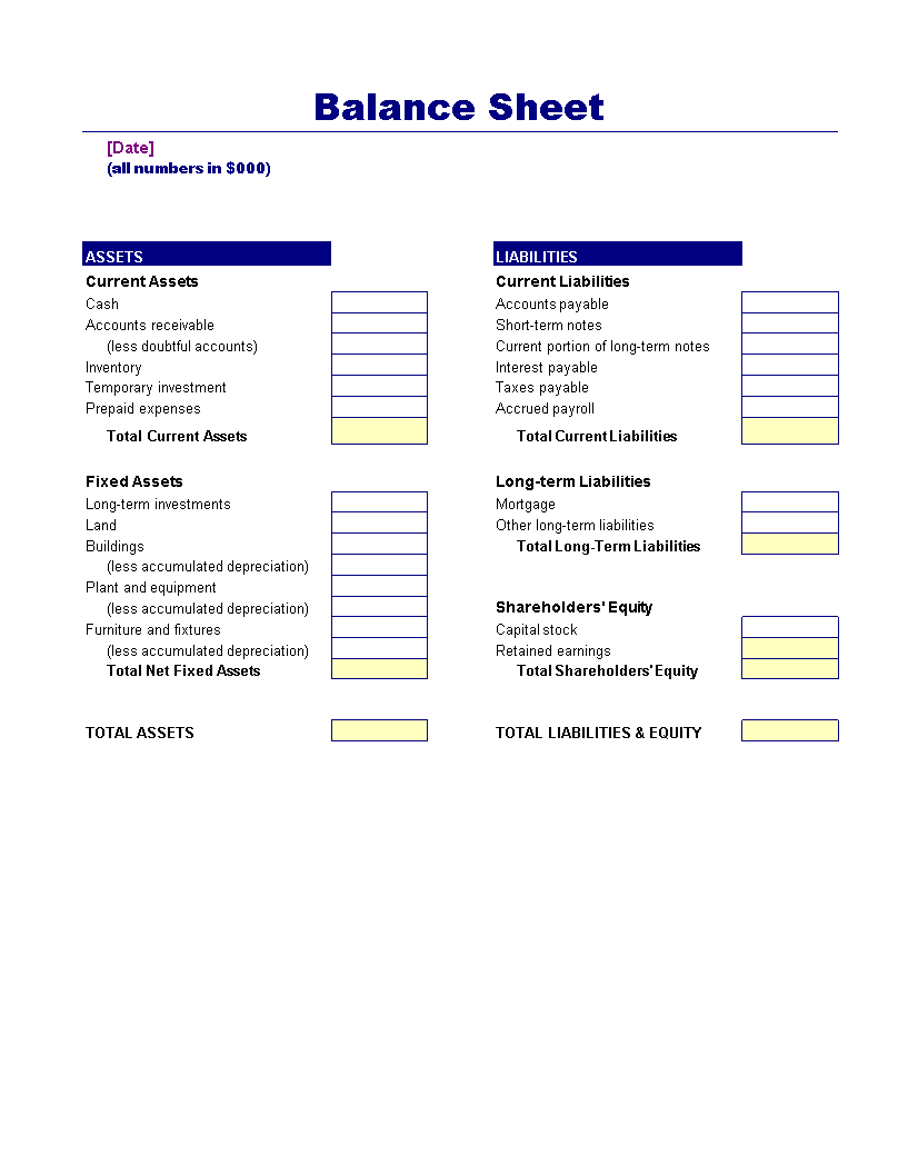 Balance Sheet for Business 模板