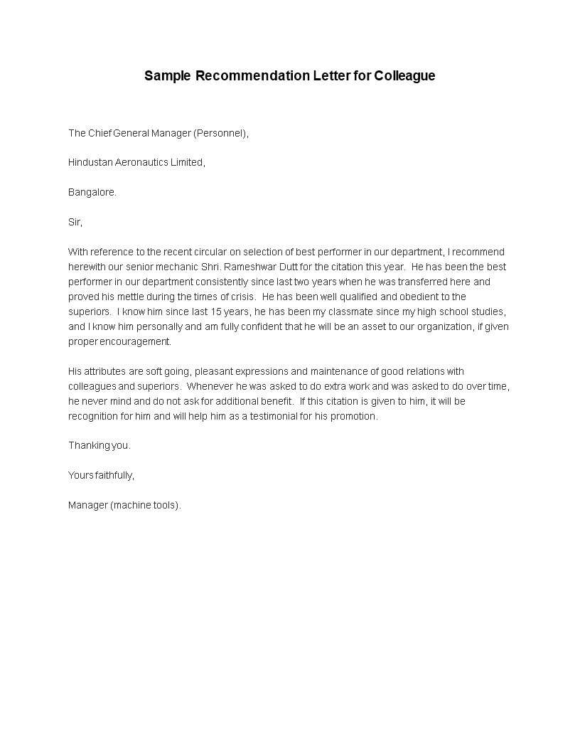 recommendation letter for colleague modèles