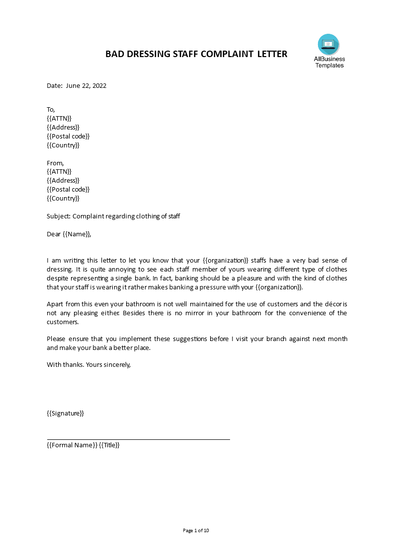 formal business complaint letter sample template