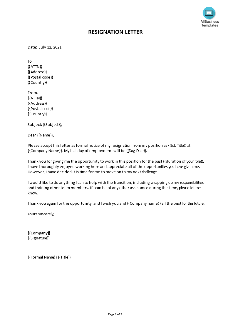 Example Resignation Letter main image