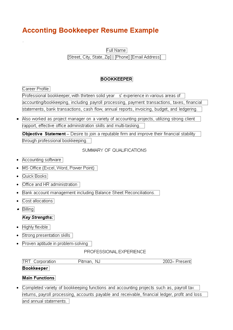 Accouting Bookkeeper Resume main image