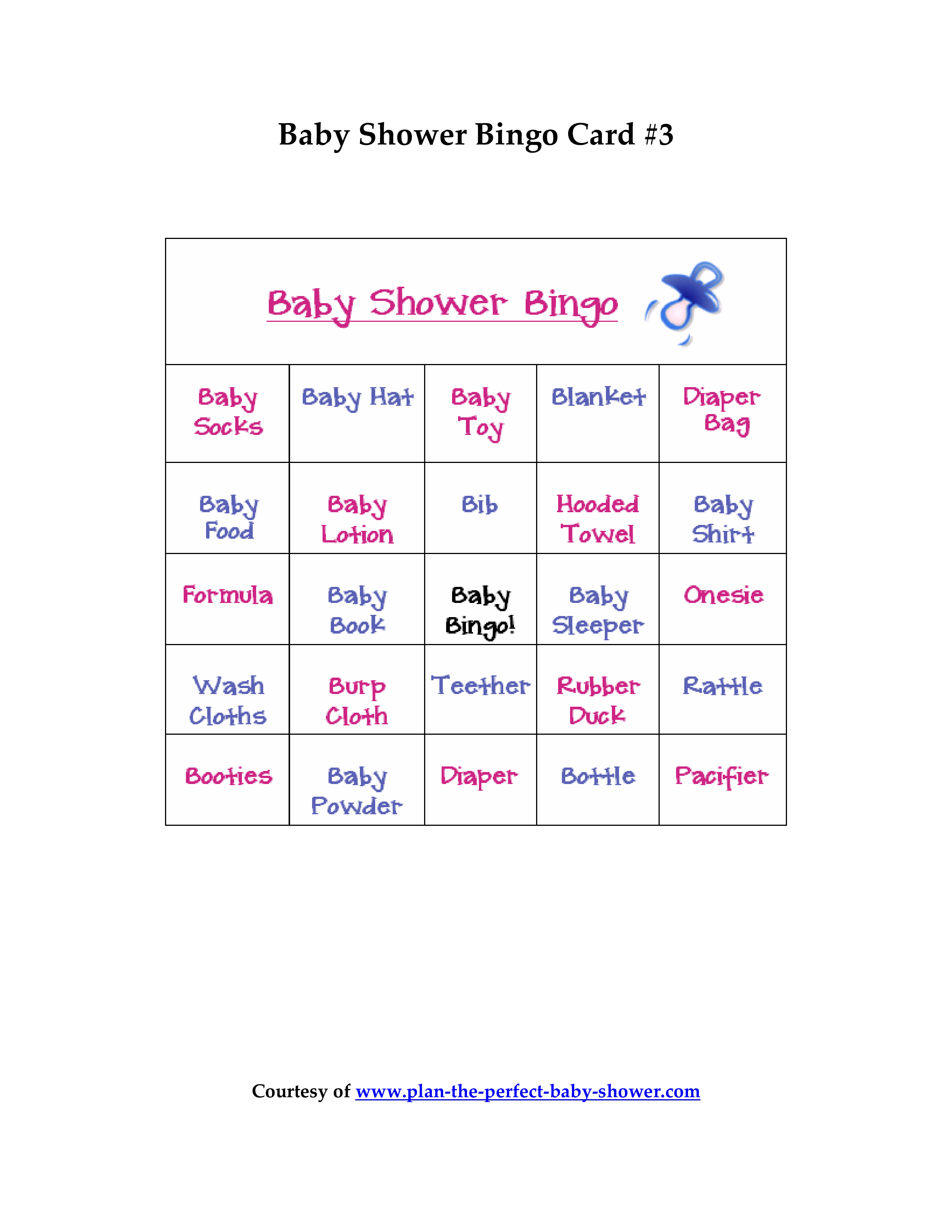 Baby Shower Bingo Card 模板