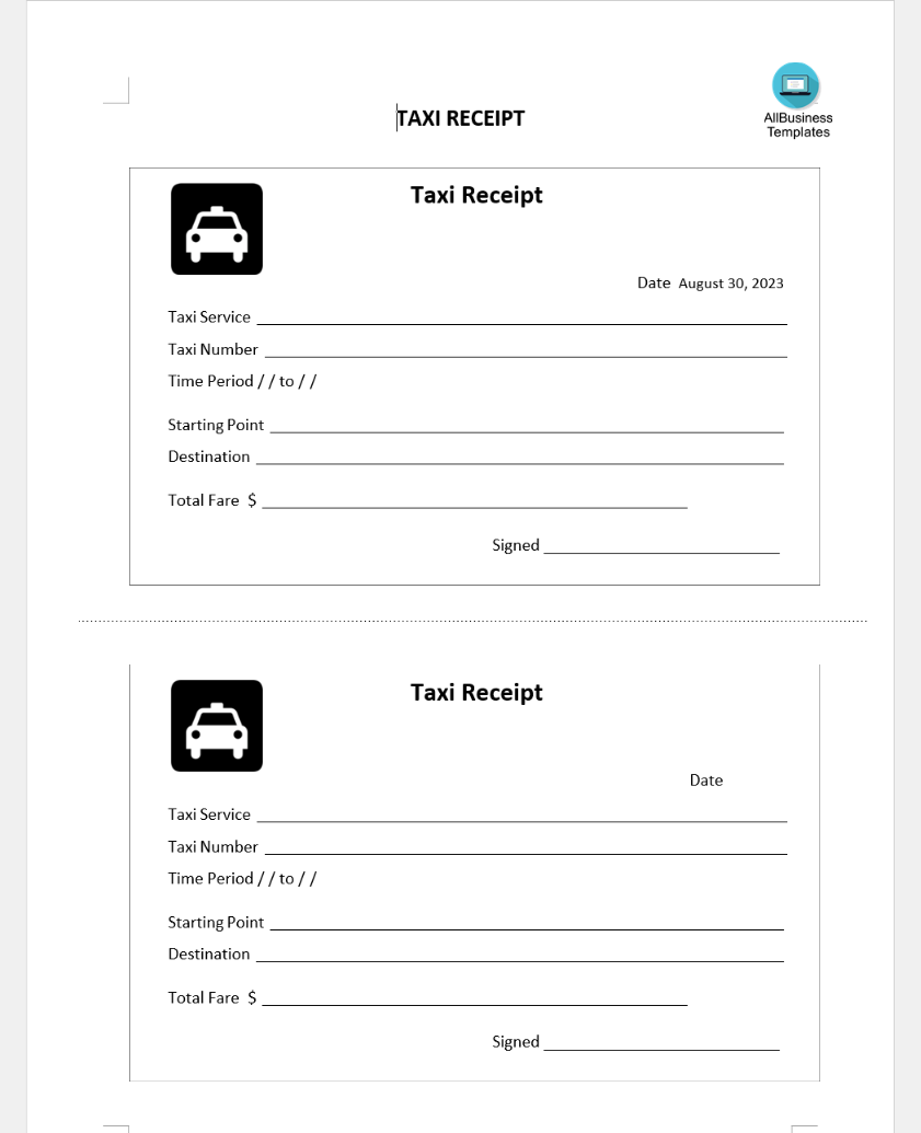 blank taxi receipt template voorbeeld afbeelding 