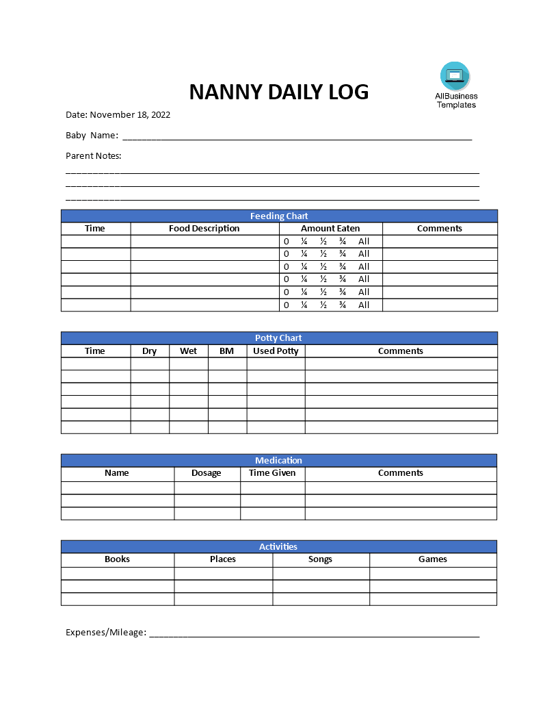nanny daily log template