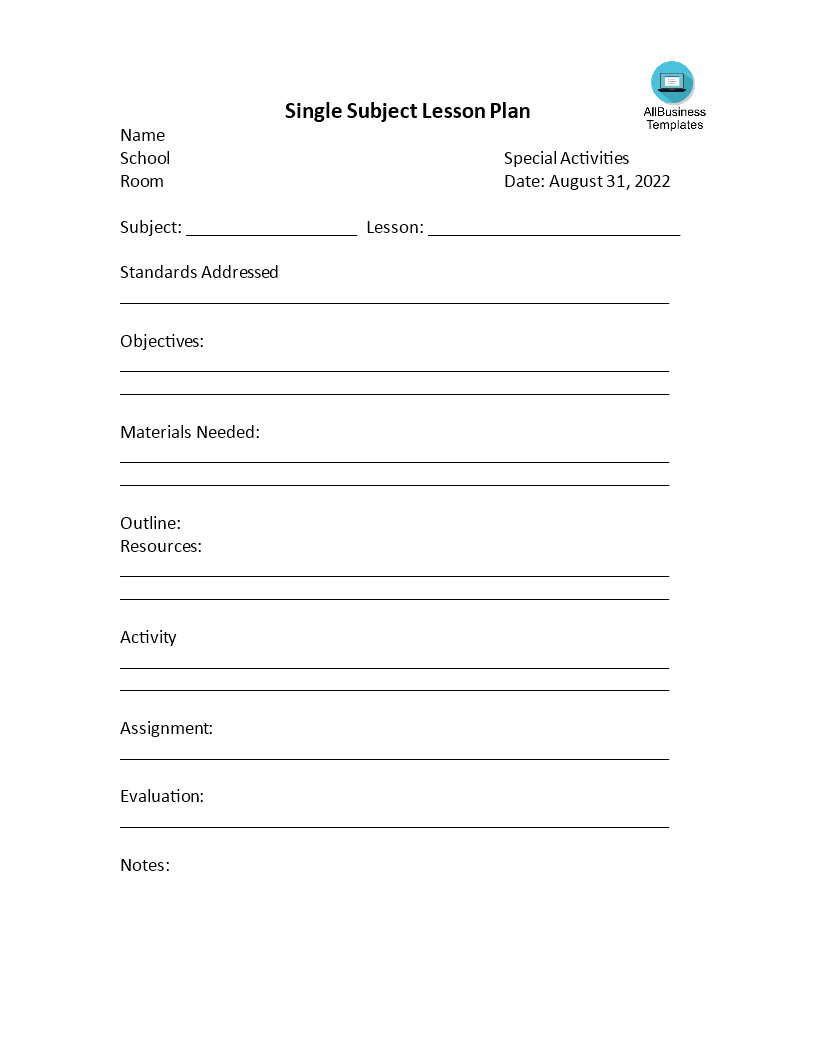 one subject lesson plan template