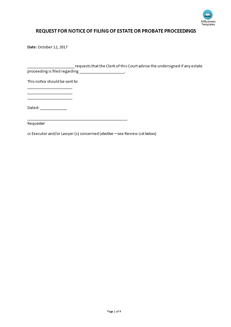 Request For Notice Of Filing Probate Proceedings main image