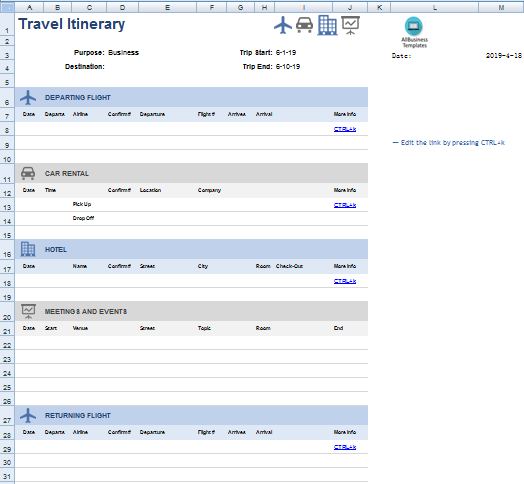 Travel Itinerary in Excel main image