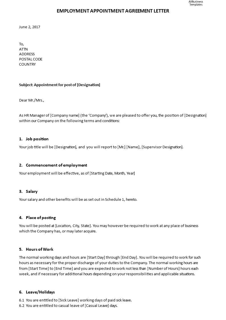 Employment Appointment Agreement Letter main image