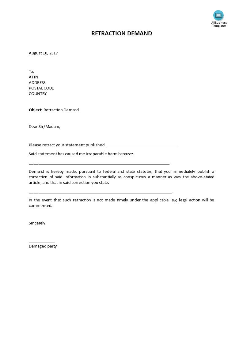 retraction demand letter template