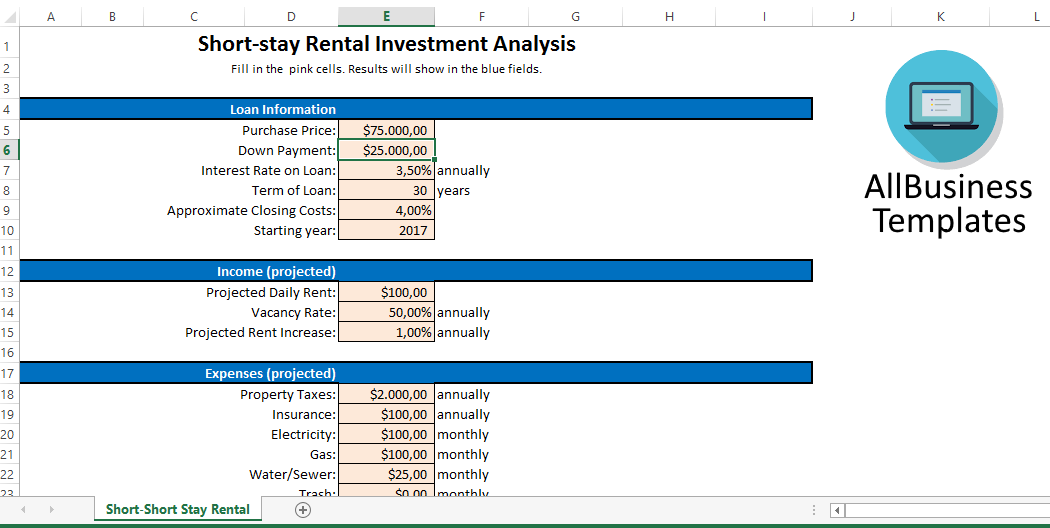 Short-stay rental investment analysis sheet 模板