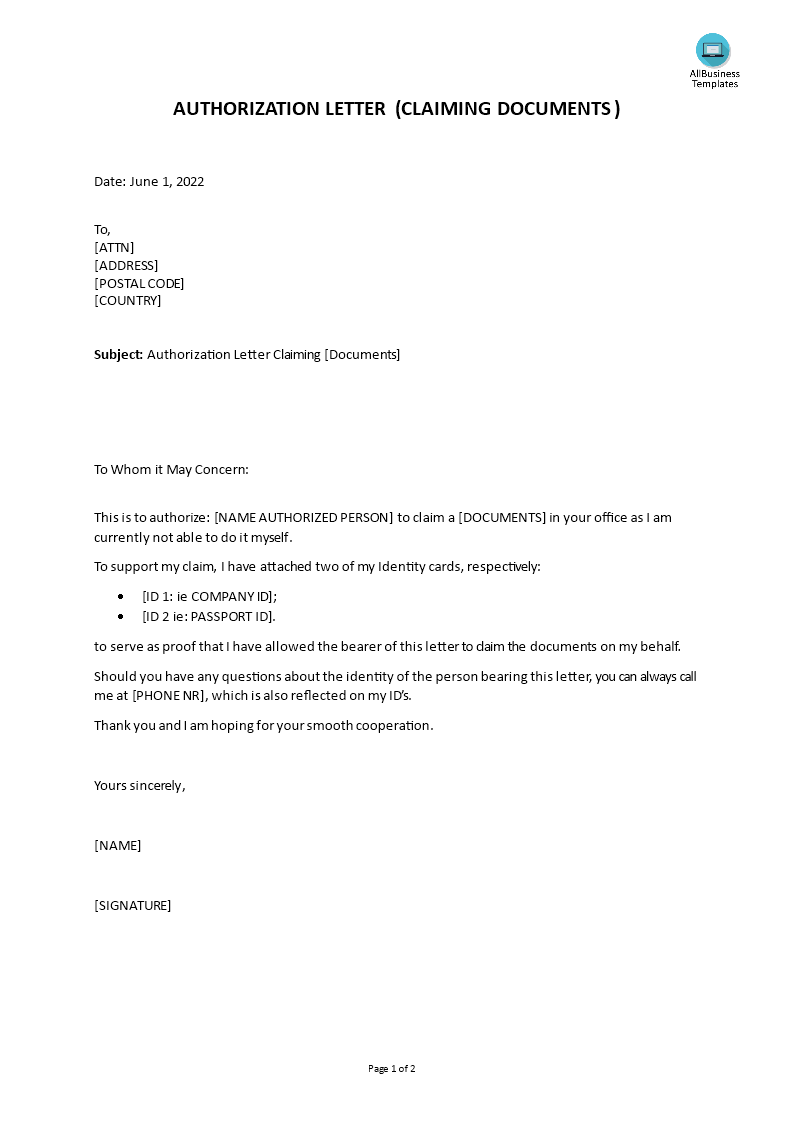 authorization letter to claim documents Hauptschablonenbild