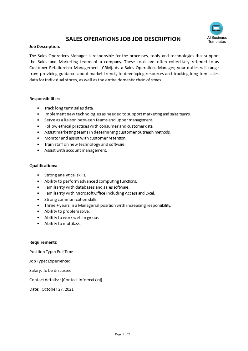 sales operations job job description template