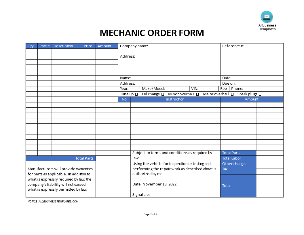 mechanic work order forms voorbeeld afbeelding 