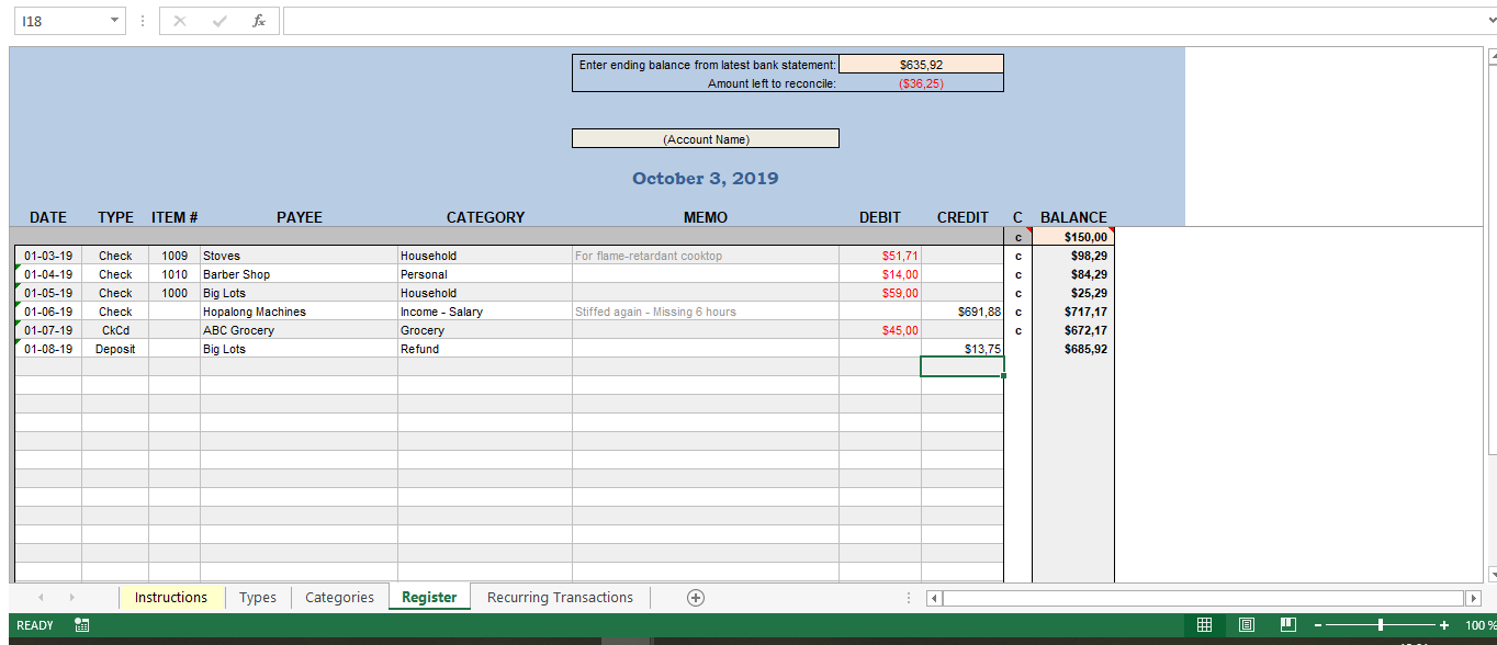 Checkbook Register Excel Worksheet main image