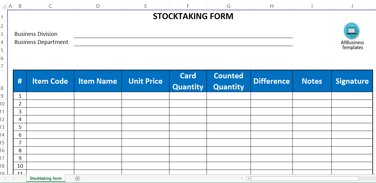 Stocktaking Template Excel 模板