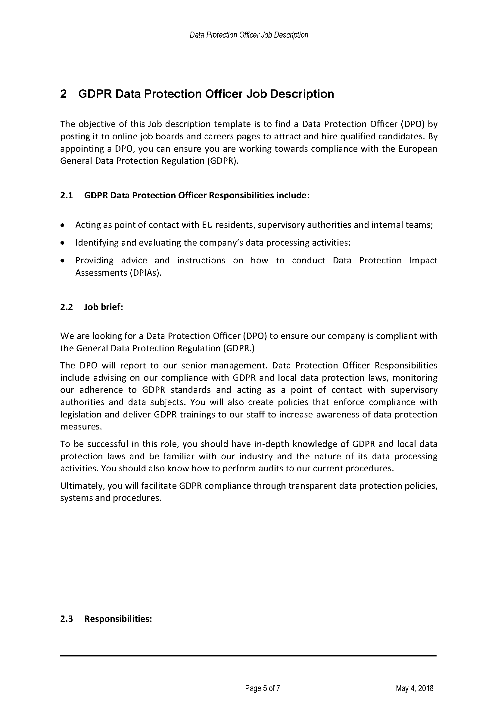 gdpr data protection officer job description template