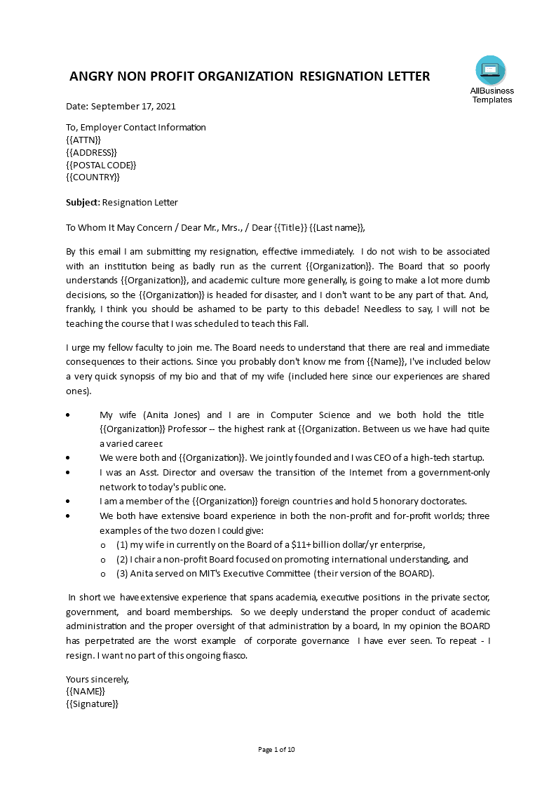 nonprofit board resignation letter template