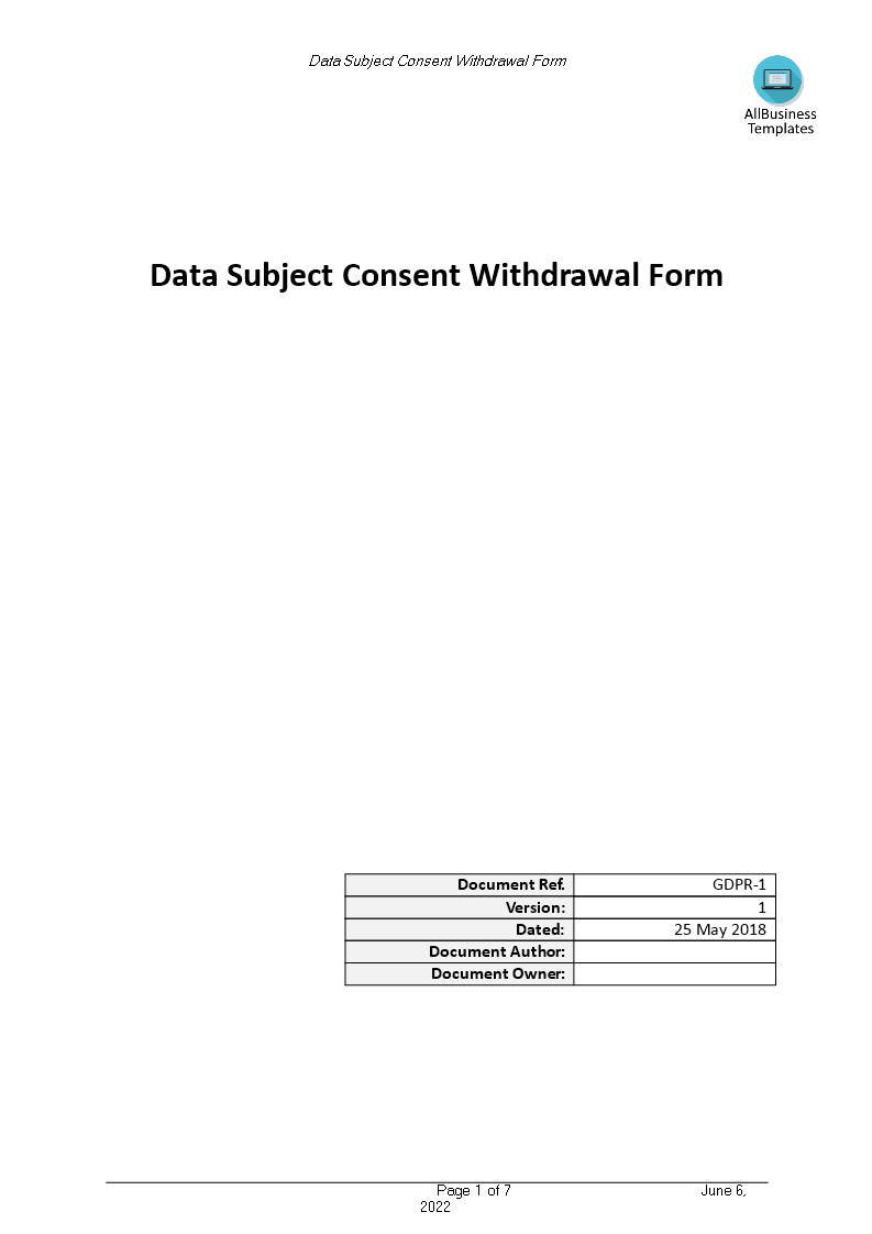 GDPR Data Subject Consent Withdrawal Form 模板