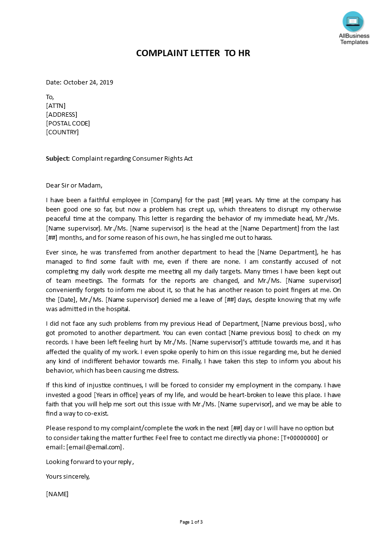 Complaint letter about Boss to HR department main image