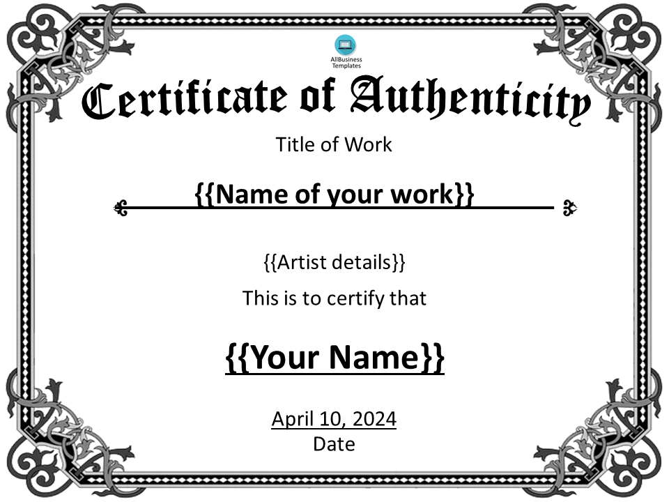 Free Certificate of Authenticity for Artwork template main image