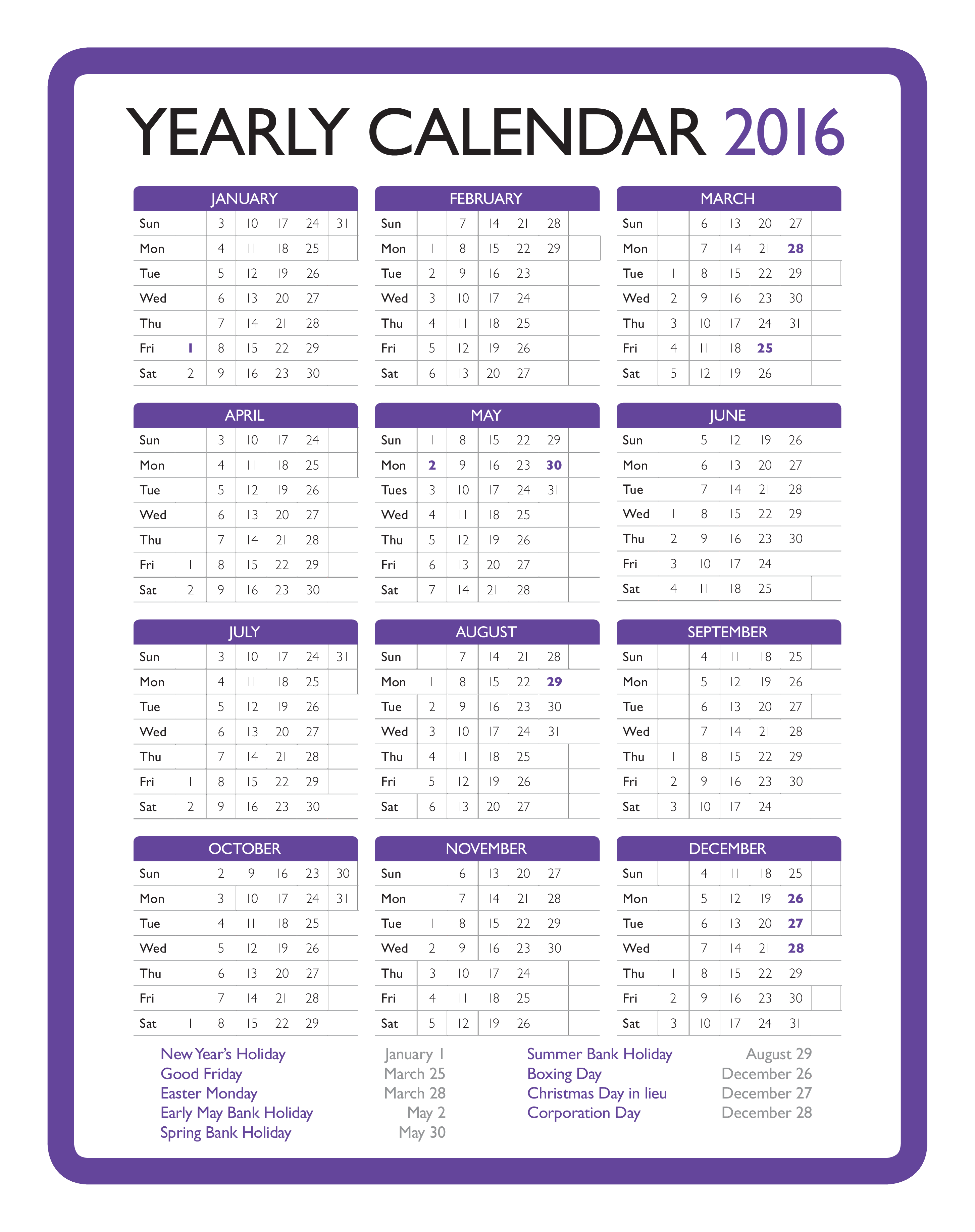 Printable Yearly Calendar 模板