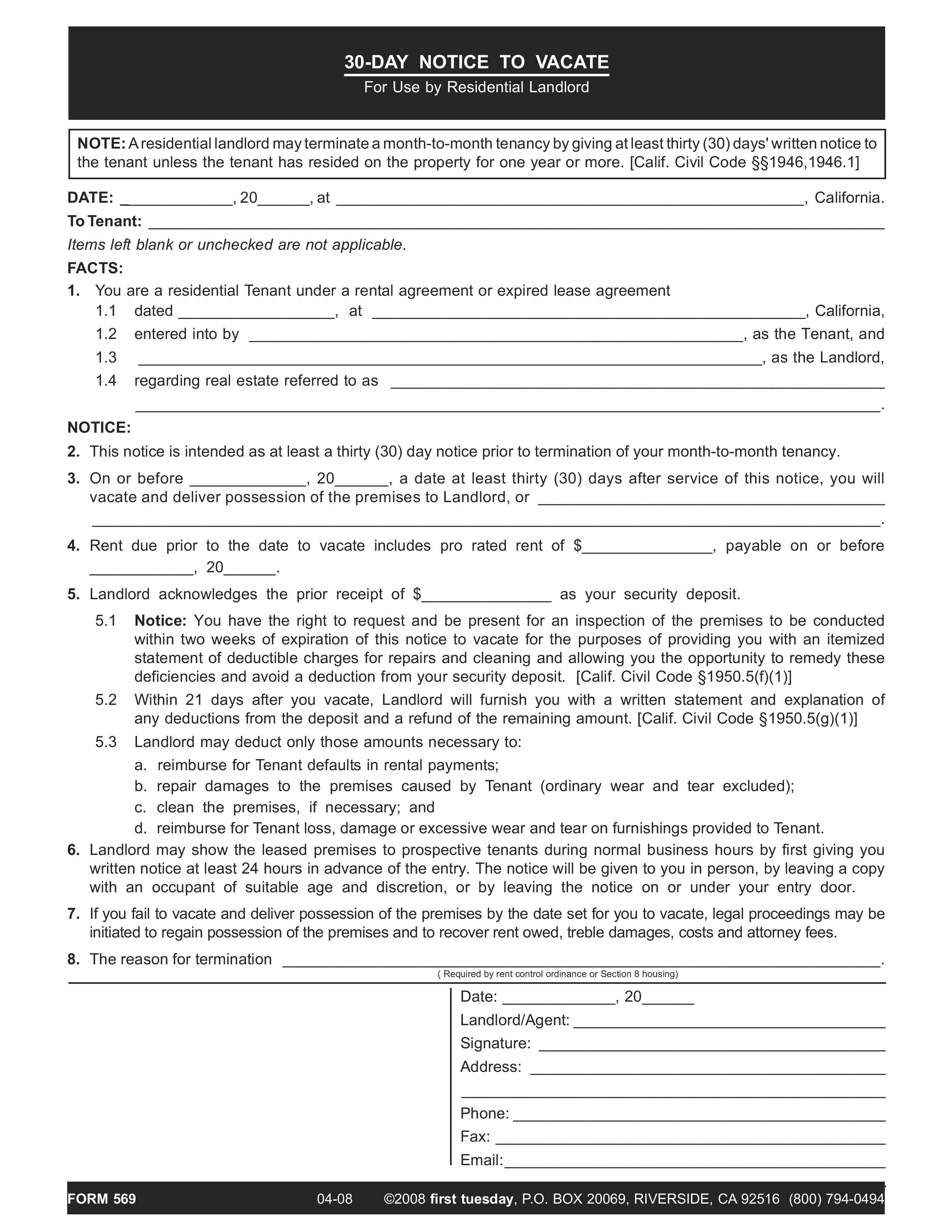 printable 30 day eviction notice template