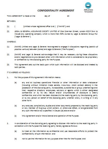 legal confidentiality agreement word template