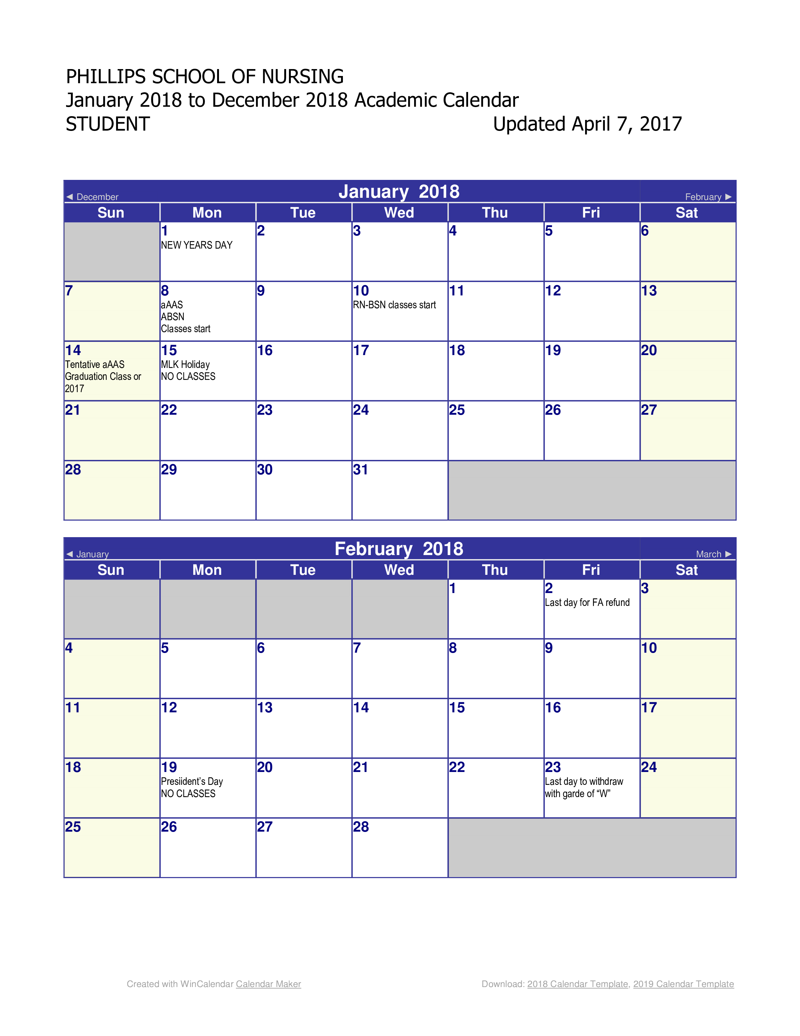 student academic calendar 2018 voorbeeld afbeelding 