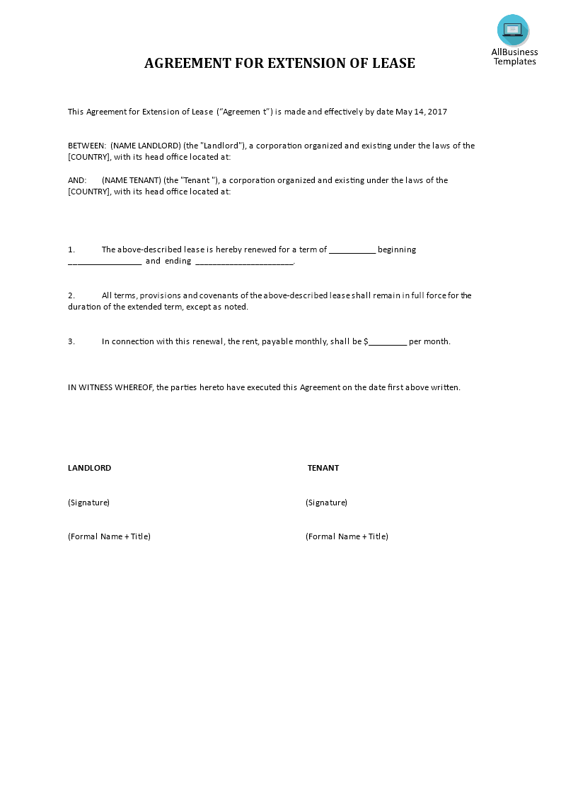 rent agreement template  extension for lease voorbeeld afbeelding 