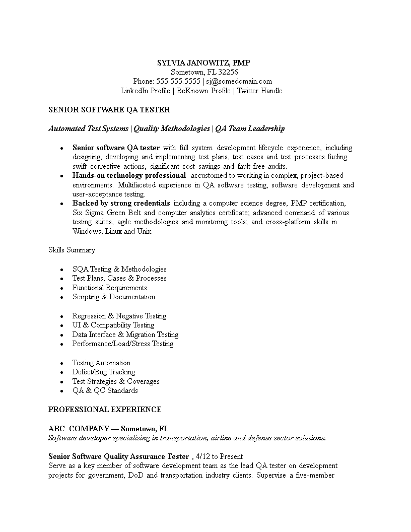 Software Tester Resume Sample For Experience 模板
