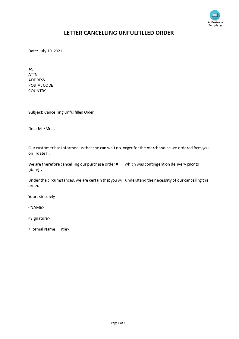 letter cancelling unfulfilled order template