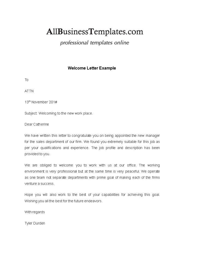 welcome letter to new work place template