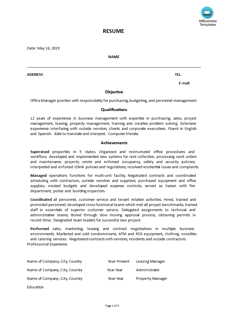 office manager skills resume template