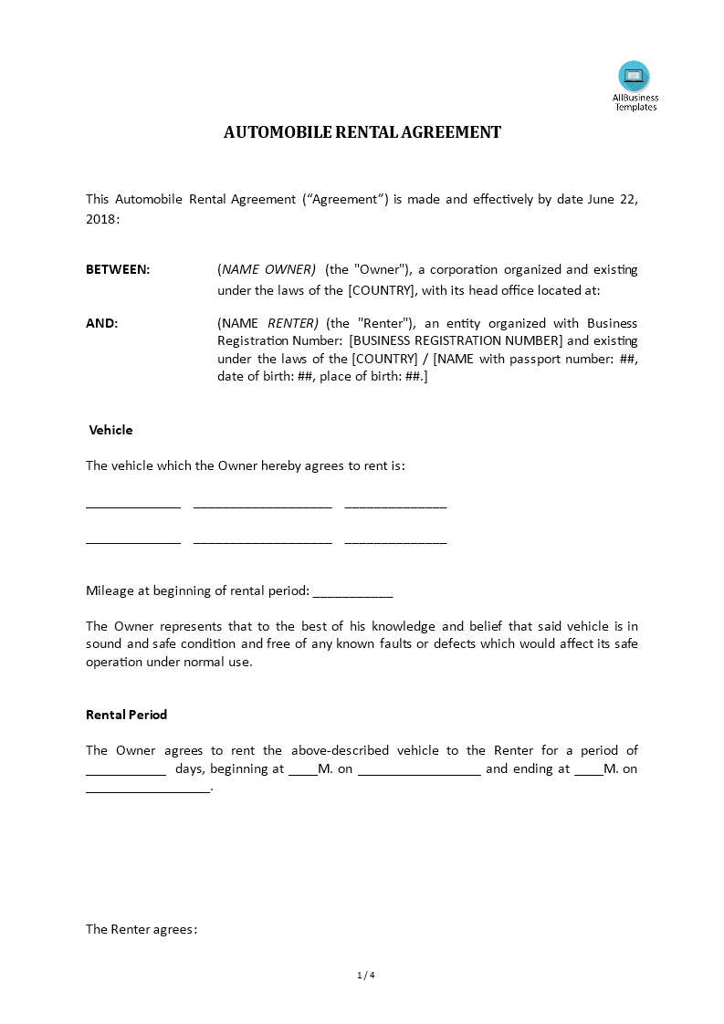automobile rental agreement template